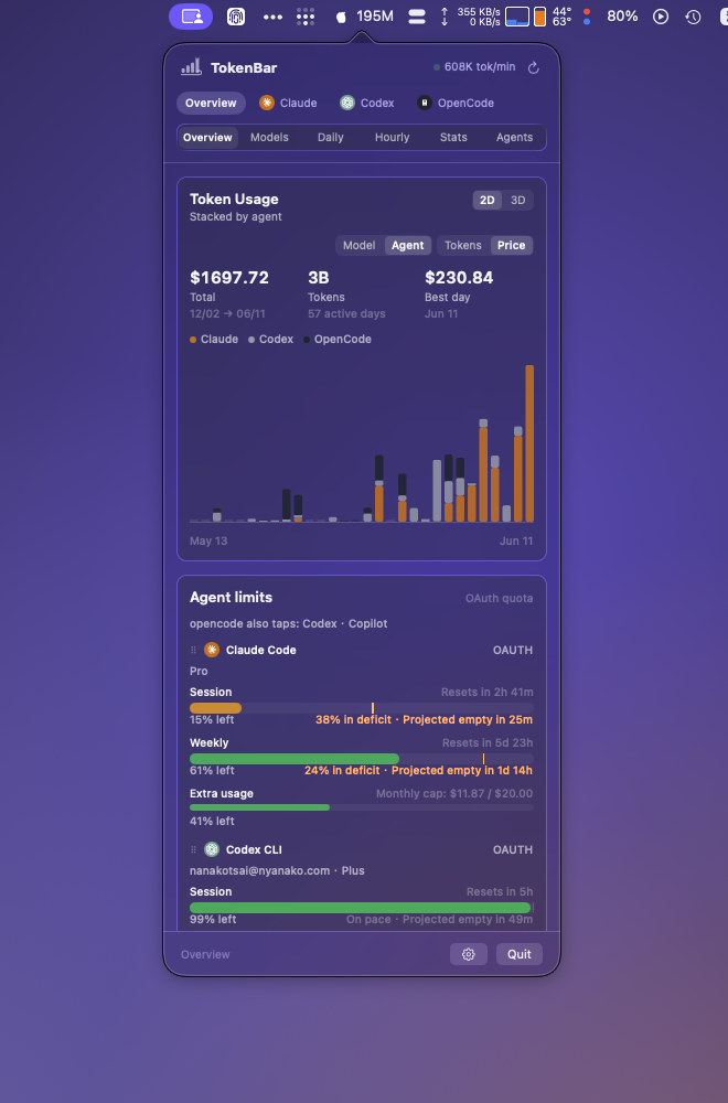 The native TokenBar popover rendered in Liquid Glass over the desktop wallpaper