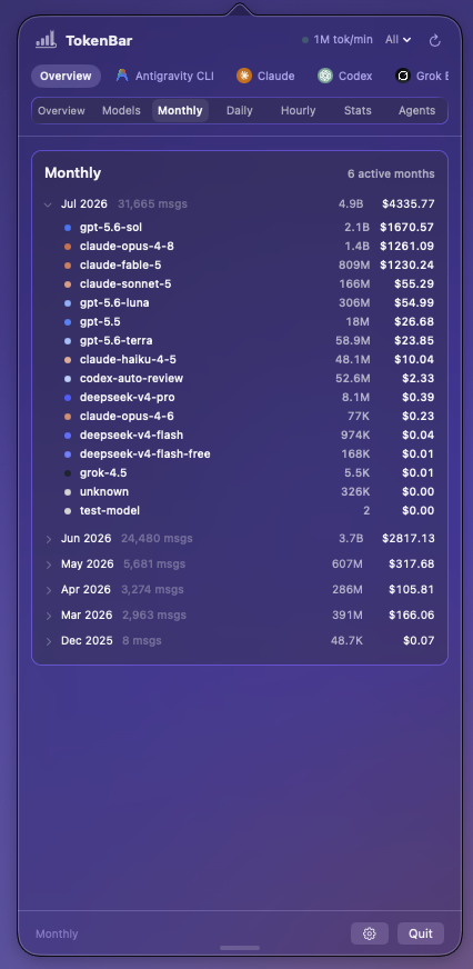 TokenBar Monthly view